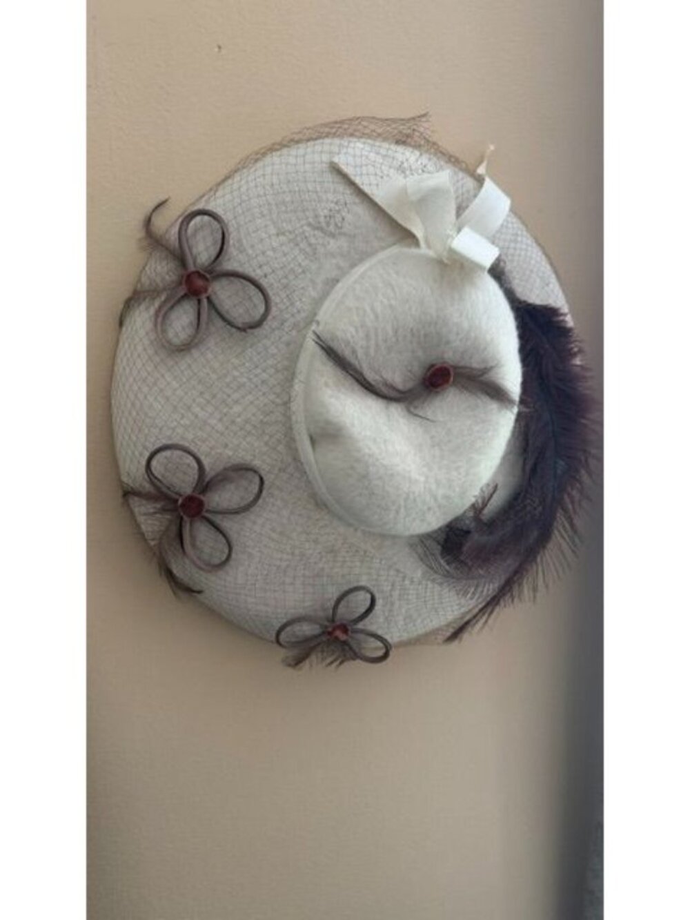 Vintage Dovedown London Millinery Fascinator Hat Ivory Straw Disc Saucer Netting